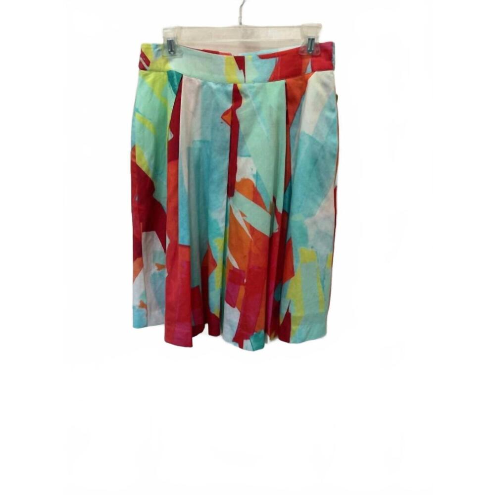 NEW 6 BY SIX women's brushstroke inverted pleat cotton skirt in aqua, orange, li